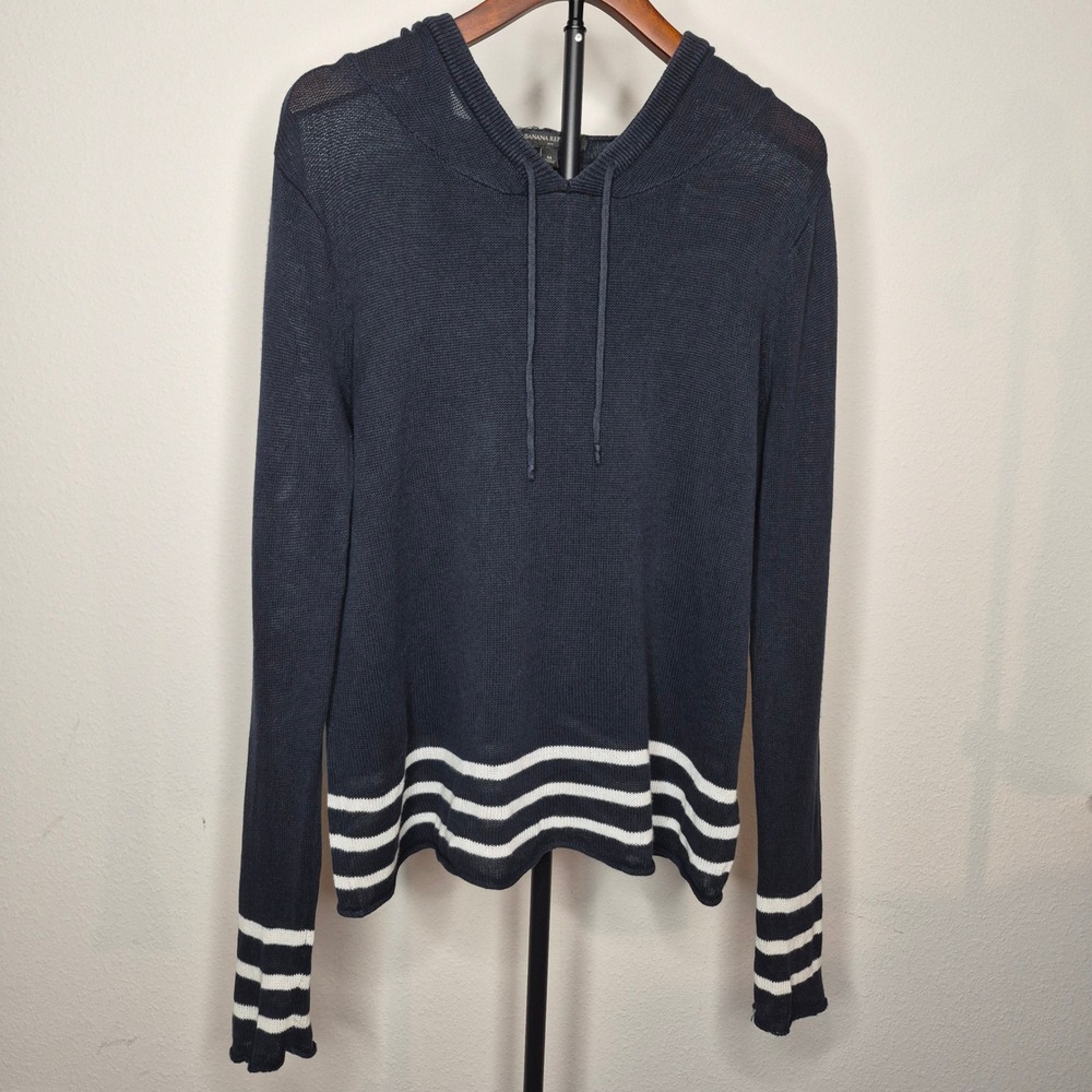 Banana Republic Navy Blue Striped Linen Blend Hooded Beach Sweater Womens Medium